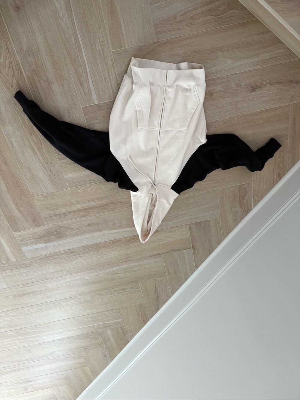 Two-Tone Cream and Black Hooded Jumpsuit
